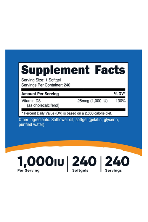 Nutricost Vitamin D3 1000 iu Softgels, 240 Softgels - Non-GMO & Gluten Free.3730