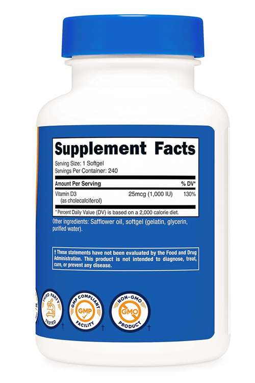 Nutricost Vitamin D3 1000 iu Softgels, 240 Softgels - Non-GMO & Gluten Free.3730