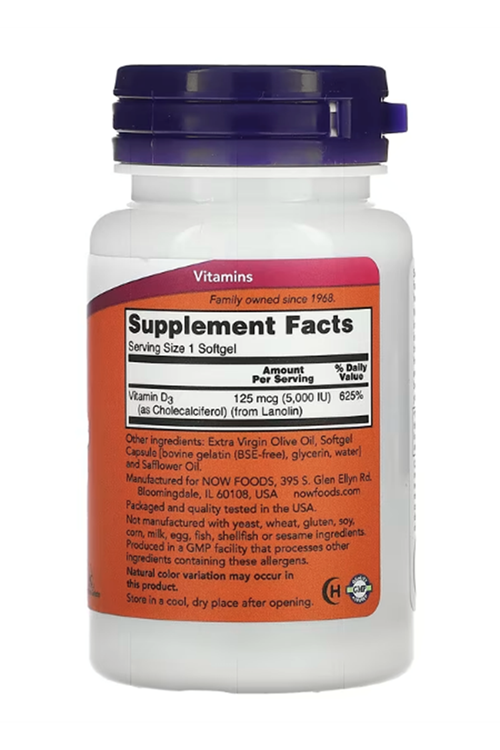 NOW Foods  Vitamin D-3  High Potency  5,000 IU  120 Softgels.Usa Menşei. .3731