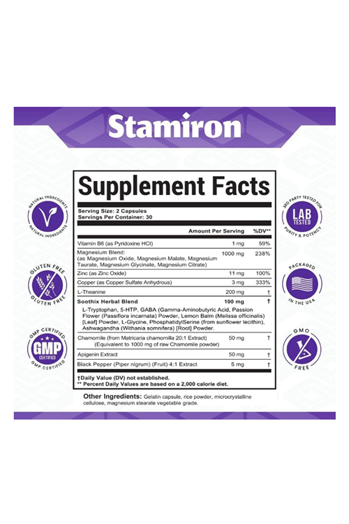 Stamiron Magnesium Complex 1000mg 60 Capsul, L Theanine 200mg Apigenin 50mg Supplement with Chamomile 5-HTP Passion Flower Lemon Balm Vitamin B6 Ashwagandha Root Extract and L Tryptophan. Usa Amazon B
