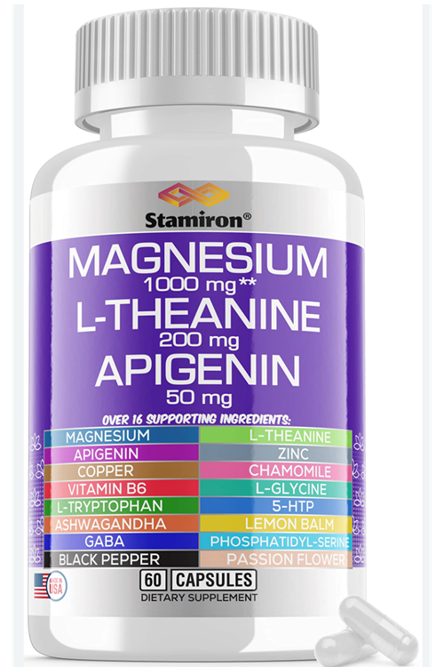 Stamiron Magnesium Complex 1000mg 60 Capsul, L Theanine 200mg Apigenin 50mg Supplement with Chamomile 5-HTP Passion Flower Lemon Balm Vitamin B6 Ashwagandha Root Extract and L Tryptophan. Usa Amazon B