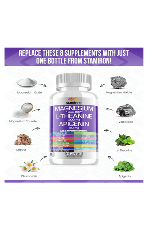 Stamiron Magnesium Complex 1000mg 60 Capsul, L Theanine 200mg Apigenin 50mg Supplement with Chamomile 5-HTP Passion Flower Lemon Balm Vitamin B6 Ashwagandha Root Extract and L Tryptophan. Usa Amazon B