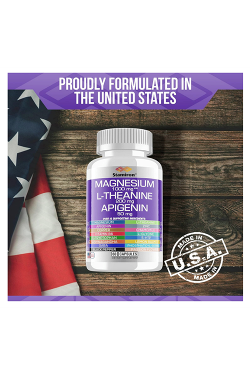 Stamiron Magnesium Complex 1000mg 60 Capsul, L Theanine 200mg Apigenin 50mg Supplement with Chamomile 5-HTP Passion Flower Lemon Balm Vitamin B6 Ashwagandha Root Extract and L Tryptophan. Usa Amazon B