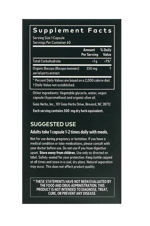 Gaia Herbs Organic Bacopa (Bacopa monnieri) 60 Vegan Liquid Phyto-Capsul. Usa.3839