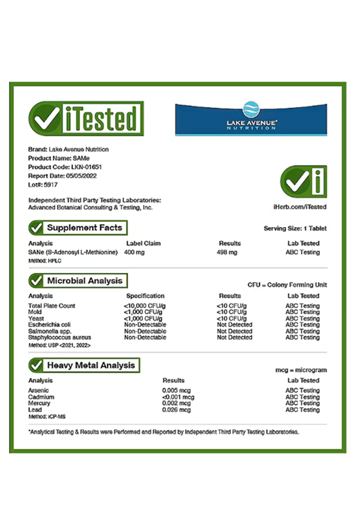 Lake Avenue Nutrition, SAMe ( Disulfate Tosylate), 400 mg, 60 Enteric Coated Tablets. Usa Version.3972 (SKT:06.2025)
