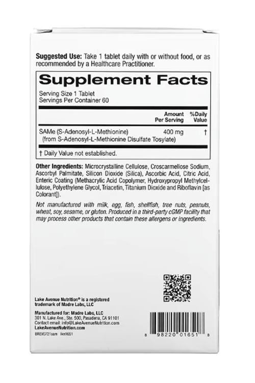 Lake Avenue Nutrition, SAMe ( Disulfate Tosylate), 400 mg, 60 Enteric Coated Tablets. Usa Version.3972 (SKT:06.2025)