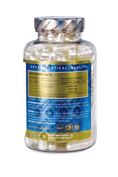 Swiss Pharmaceuticals AOC Arginine Alpha-Ketoglutarate, L-Citrulline Malate, L-ornithine 180 Capsul.4542