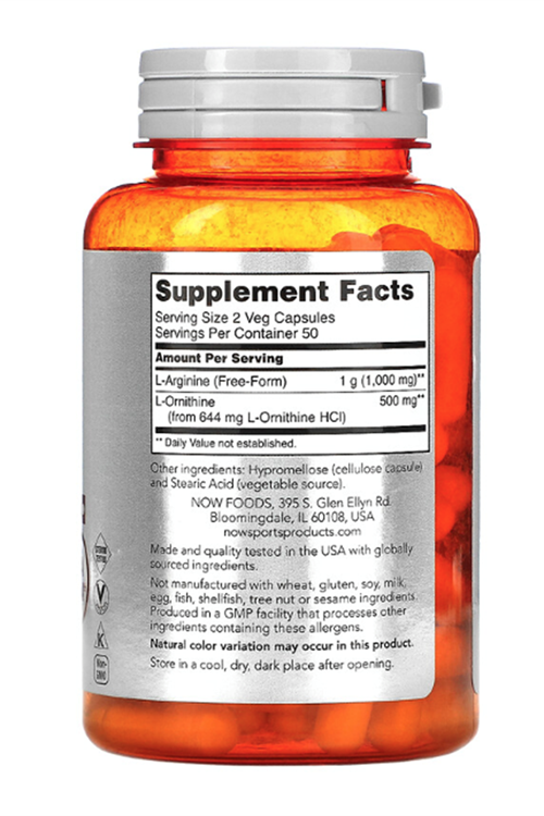 NOW Foods, Sports, Arginine & Ornithine, 100 Veg Capsules.Usa Version.3840