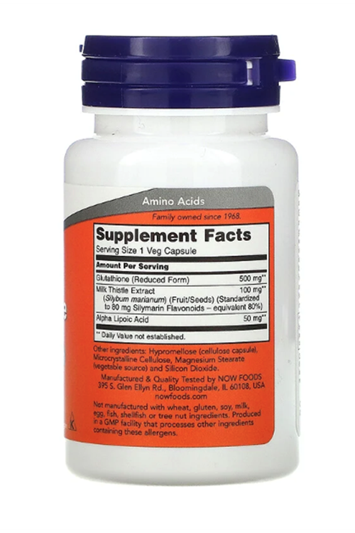 NOW Foods, Glutathione, Milk Thistle Extract, Alpha Lipoic Acid, 500 mg, 30 Veg Capsul. Usa.4040