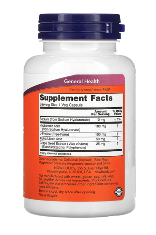 NOW Foods, Hyaluronic Acid, Double Strength, 100 mg, 120 Veg Capsul. Usa.4053