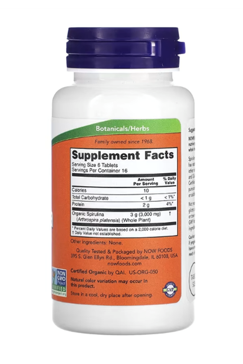 NOW Foods Certified Organic Spirulina 500mg 100 Tablet. USA.3533