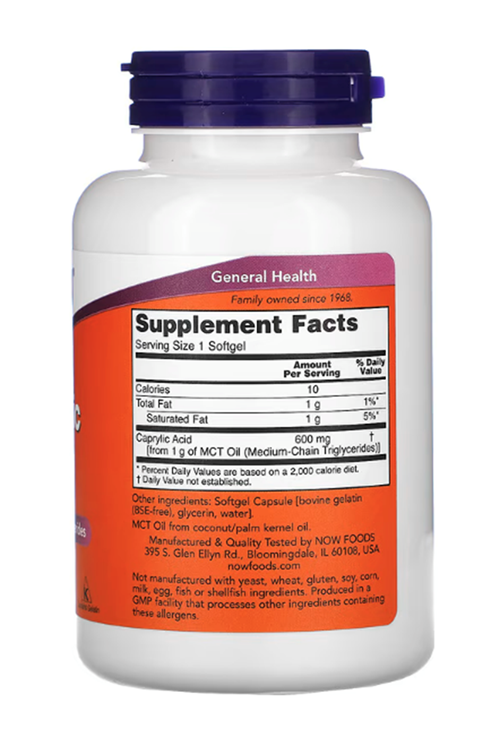 NOW Foods, Caprylic Acid, MCT OİL 600 mg, 100 Softgels. Abd Menşei.4038
