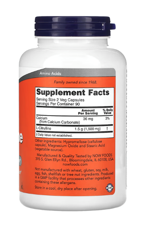 NOW Foods, L-Citrulline, 750 mg, 180 Veg Capsules. Usa Version.4058.