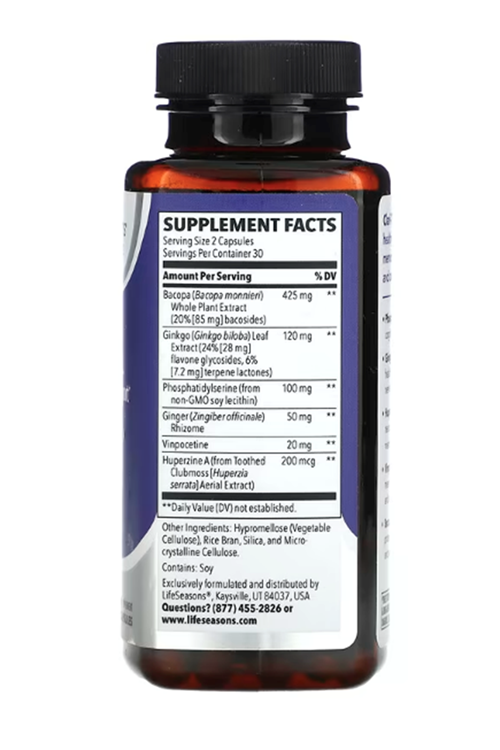 LifeSeasons, Clari-T Cognitive Support, Bacopa+Ginkgo biloba+ Phosphatidylserine+Huperzine A+ Ginger+ Vinpocetine 60 Veg Capsul.3979