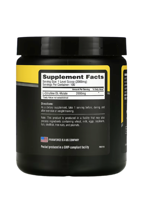 PrimaForce L-Citrulline Malate Powder, Unflavored Pre Workout Supplement, 200 Grams - Non-GMO.Usa.32.