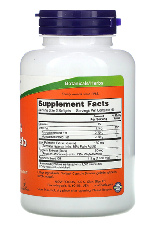 NOW Foods, Pygeum  Saw Palmetto, 120 Softgels.USA MENŞEİ.50.