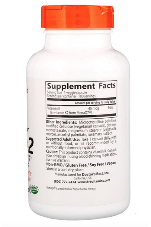 Doctor's Best, Natural Vitamin K2 MK-7 with MenaQ7, 45 mcg, 180 Veggie Capsul.USA.3547