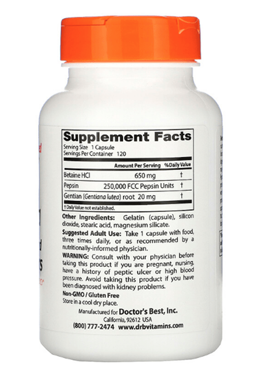 Doctor's Best  Betaine HCL Pepsin & Gentian Bitters  120 Capsules.ABD MENŞEİ.40.