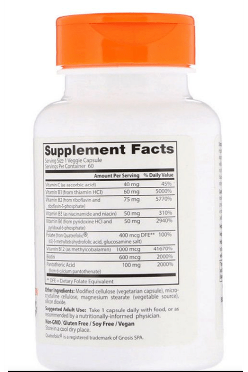 Doctors Best Fully Active B Complex with Quatrefolic 60 Veggie Caps (B1-B2-B3-B6-B12-BİOTİN-VİTA.C).3527