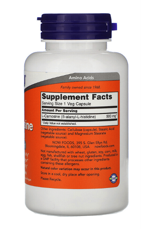 NOW FOODS L-Carnosine, 500 mg, 100 Veg Capsules. Usa Version 64.