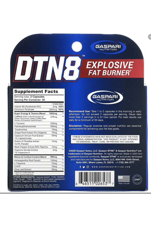 GASPARI DTN8, Explosive Fat Burner, Stress Support and Laser Mental Focus, 60 Capsul. Usa Version.73.