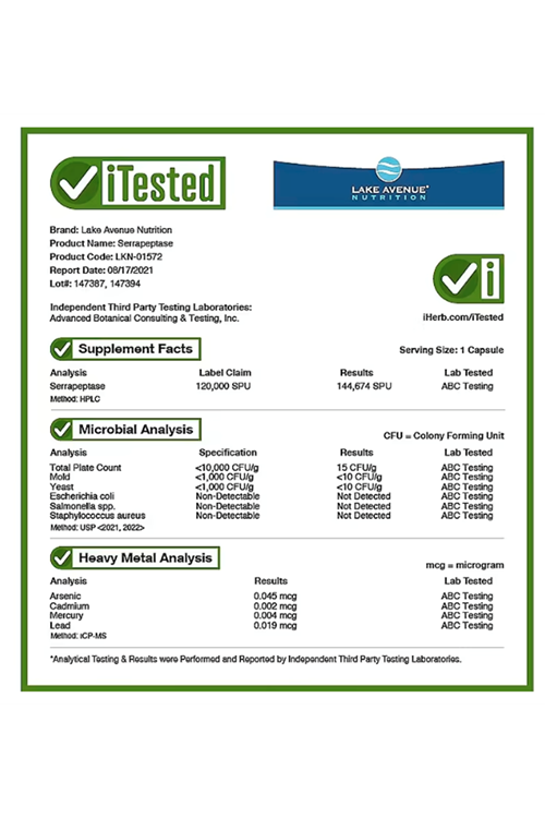 Lake Avenue Nutrition, Serrapeptase, Proteolytic Enzyme, 120,000 SPUs, 180 Veggie Capsules 75.