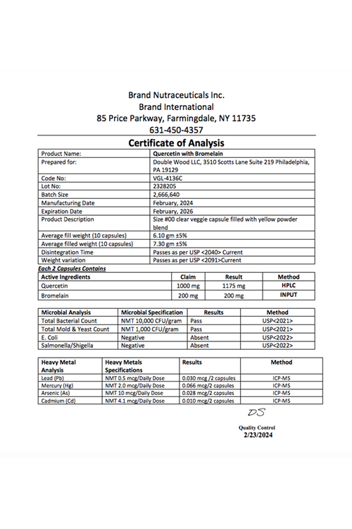 Double Wood Quercetin with Bromelain 1,200mg 120 Capsul.Usa 39.