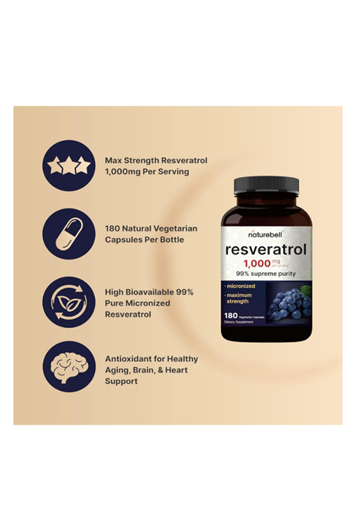 NatureBell Resveratrol 1000mg  180 Veggie Capsules, 99% Pure Trans-Resveratrol 56.