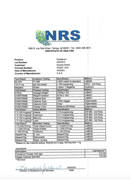 Double Wood Colostrum  120 Capsules 1,000mg per Serving (Bovine Colostrum) ABD MENŞEİ.40.