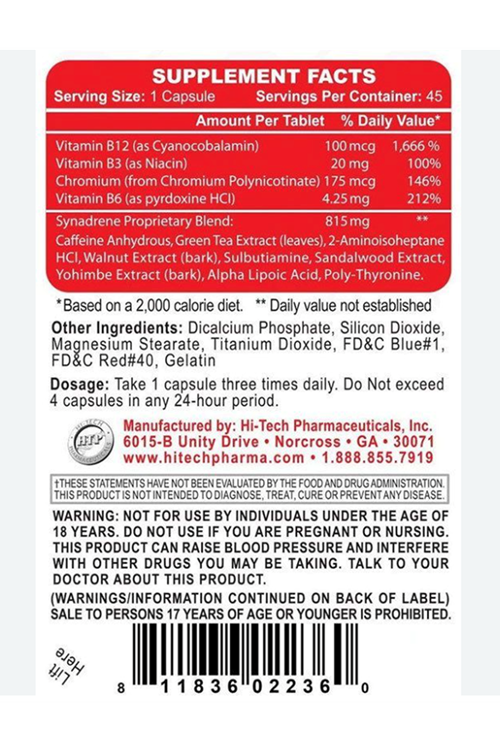 Hi-Tech Pharmaceuticals Synadrene 2-DMHA-THERMOGENİC FAT BURNER 45 Capsul.3945