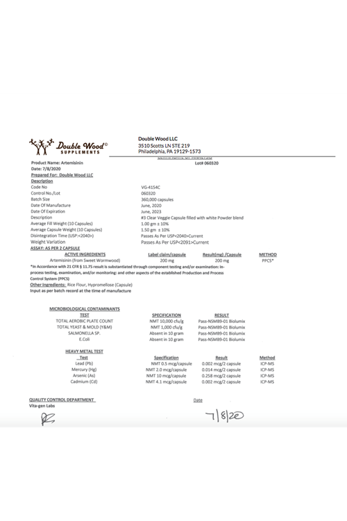 Double Wood Artemisinin 200mg 120 Capsul. Usa Menşei .Abd Menşei 37.