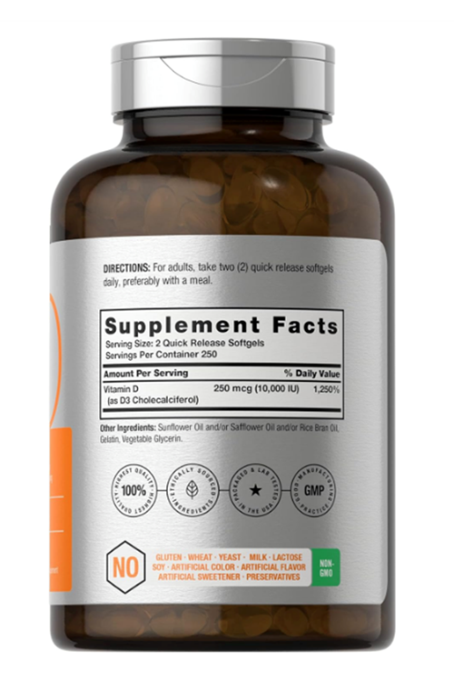 Horbach Vitamin D D3 Cholecalciferol 10000 IU  500 Softgels  250mcg .Usa Menşei.4137