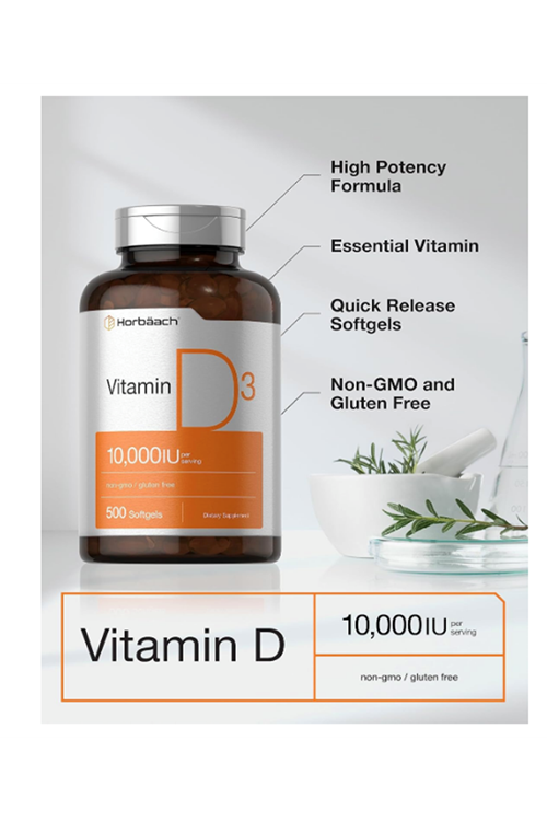 Horbach Vitamin D D3 Cholecalciferol 10000 IU  500 Softgels  250mcg .Usa Menşei.4137