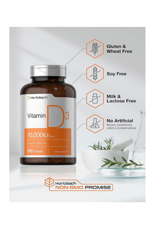 Horbach Vitamin D D3 Cholecalciferol 10000 IU  500 Softgels  250mcg .Usa Menşei.37.