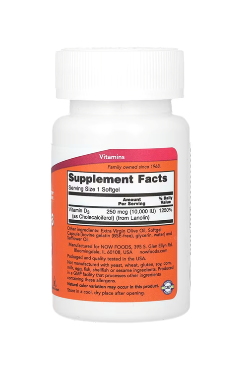 NOW Foods  Sups Vitamin D-3  250 mcg (10,000 IU)  240 Softgels. Abd Menşei 43.