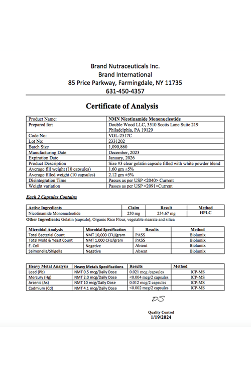 Double Wood  NMN Nicotinamide Mononucleotide (NMN) 250mg 60 Capsul. Usa Version 4045