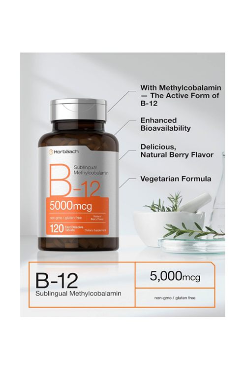 Horbäach B12 Sublingual Methylcobalamin  5000mcg  120 Fast Dissolve Tablets  Vegetarian, Non-GMO and Gluten Free.4037