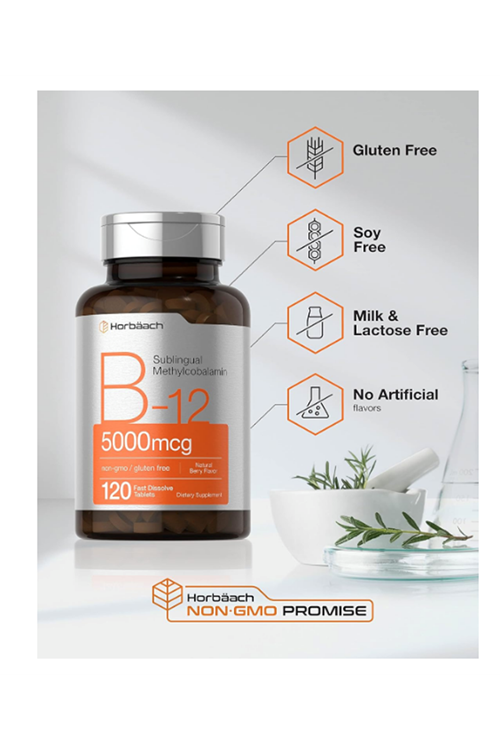 Horbäach B12 Sublingual Methylcobalamin  5000mcg  120 Fast Dissolve Tablets  Vegetarian, Non-GMO and Gluten Free.4037