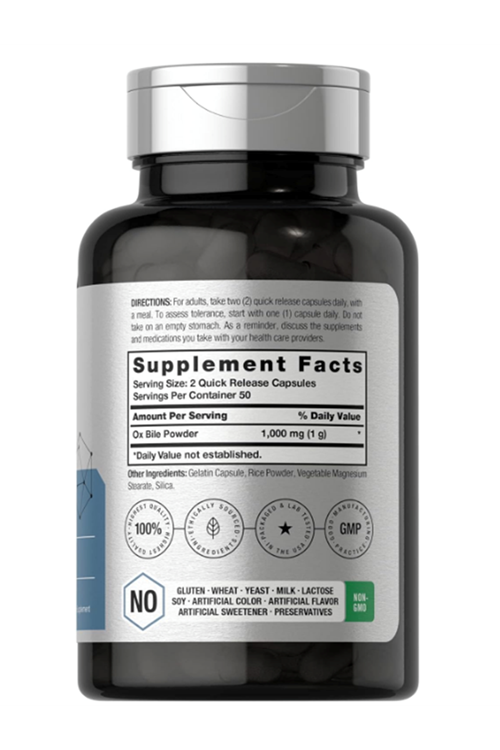 Horbäach Ox Bile 1000 mg 100 Capsules  Digestive Enzymes  Non-GMO & Gluten Free.Abd Menşei.44.