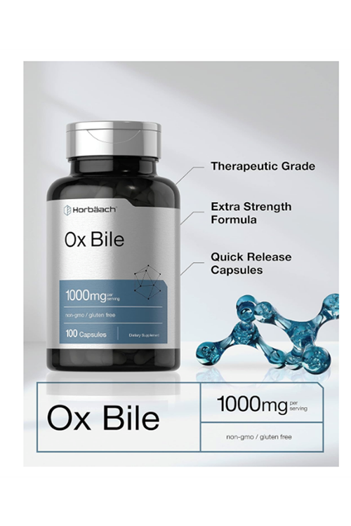 Horbäach Ox Bile 1000 mg 100 Capsules  Digestive Enzymes  Non-GMO & Gluten Free.Abd Menşei.3944