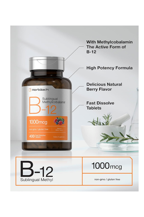 Horbäach Vitamin B12 Sublingual 1000mcg  400 Fast Dissolve Tablet Methylcobalamin for Adults Natural Berry Flavor Vegan, Non-GMO, and Gluten Free.4145