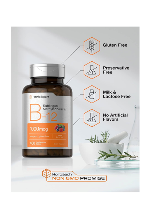 Horbäach Vitamin B12 Sublingual 1000mcg  400 Fast Dissolve Tablet Methylcobalamin for Adults Natural Berry Flavor Vegan, Non-GMO, and Gluten Free.4145