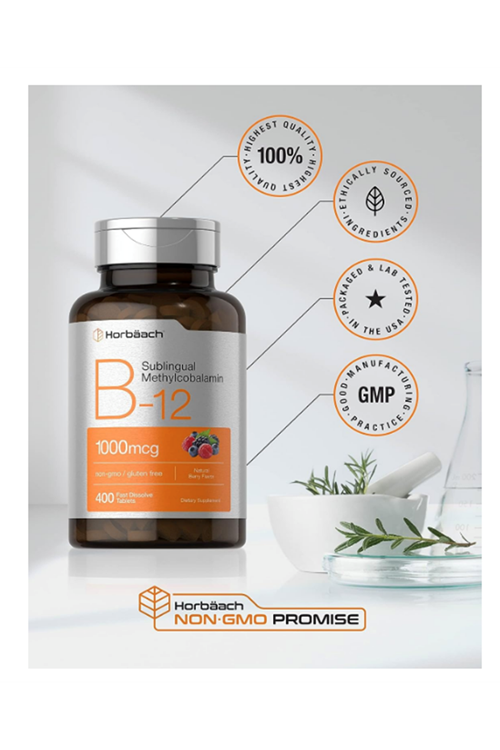 Horbäach Vitamin B12 Sublingual 1000mcg  400 Fast Dissolve Tablet Methylcobalamin for Adults Natural Berry Flavor Vegan, Non-GMO, and Gluten Free.4145