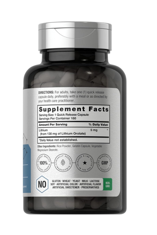 Horbäach Lithium Orotate 130mg  180 Capsul Non-GMO, Gluten Free  5mg. Usa Menşei.43.