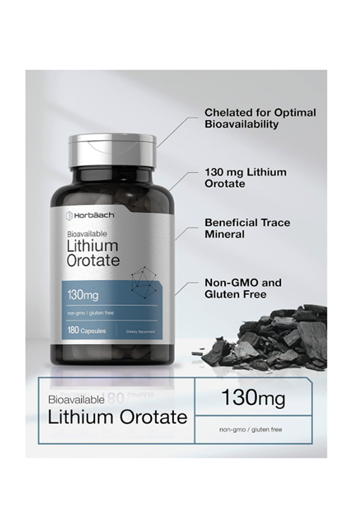 Horbäach Lithium Orotate 130mg  180 Capsul Non-GMO, Gluten Free  5mg. Usa Menşei.43.