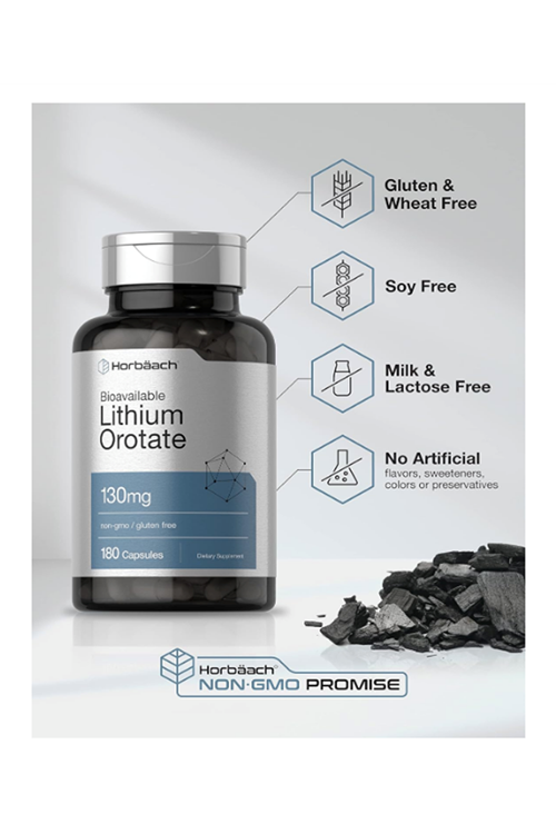 Horbäach Lithium Orotate 130mg  180 Capsul Non-GMO, Gluten Free  5mg. Usa Menşei.43.