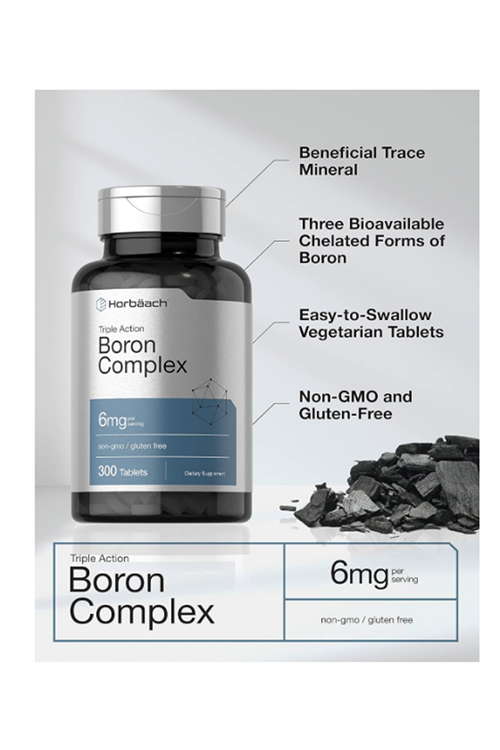 Horbäach Triple Boron Complex 6 mg  300 Vegi Tablet, Triple Action Boron Citrate, Boron Glycinate, Boron Asparate.Usa Menşei.37.