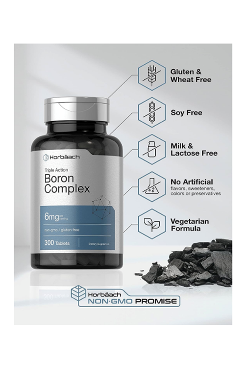Horbäach Triple Boron Complex 6 mg  300 Vegi Tablet, Triple Action Boron Citrate, Boron Glycinate, Boron Asparate.Usa Menşei.37.