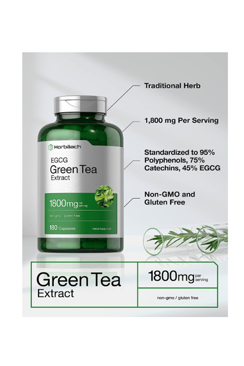 Horbäach EGCG Green Tea Extract  180 Capsul Max Potency Non-GMO & Gluten Free.Abd Menşei.44.