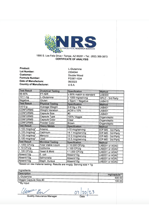 Double Wood L Glutamine Capsul (500mg, 120 Count) Non-GMO, Gluten Free, Keto Safe, Vegan (for Endurance and Gut Health) 4136